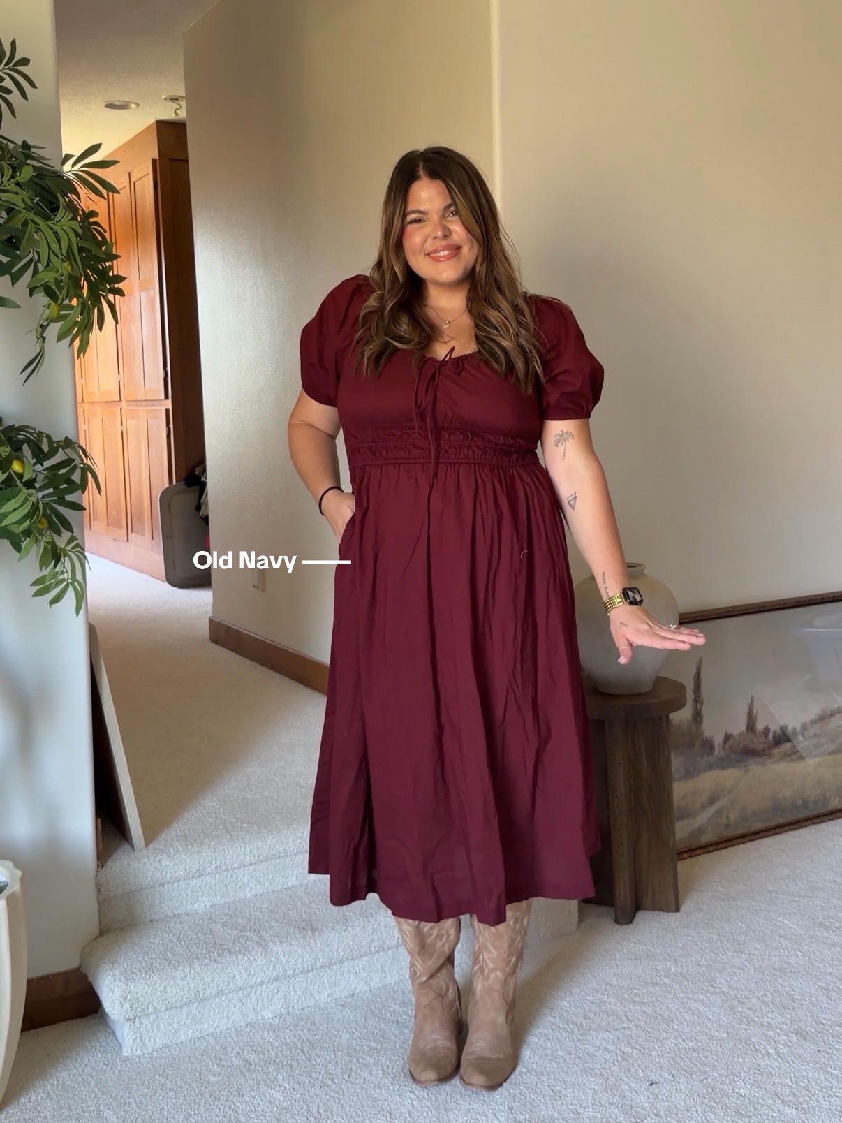 Burgundy Midi Dress and Beige Boots