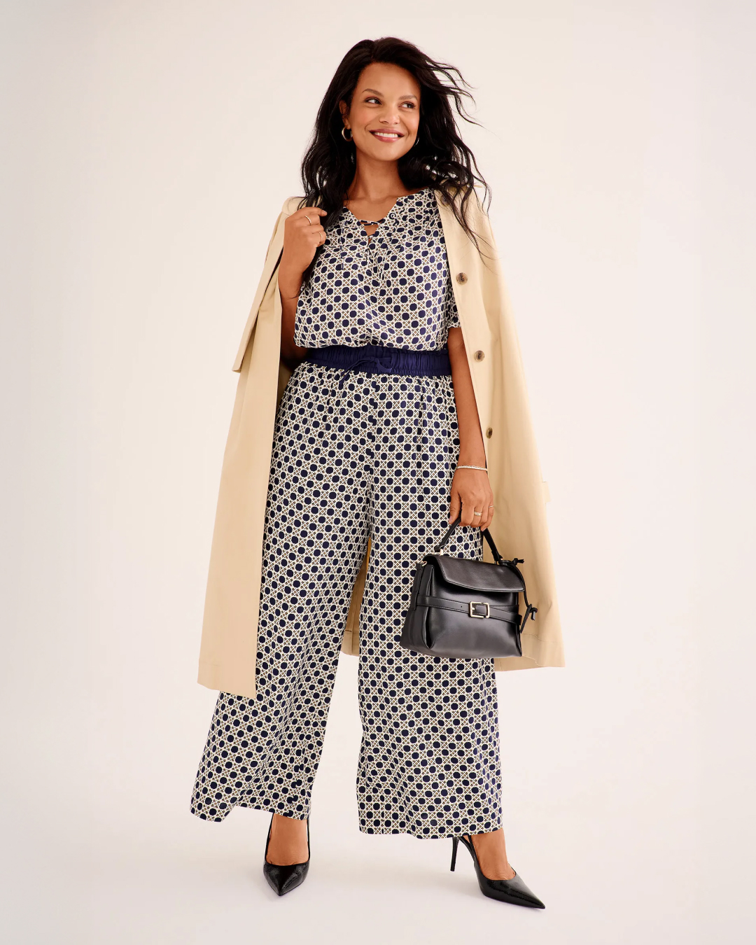 Geometric Jumpsuit and a Trench