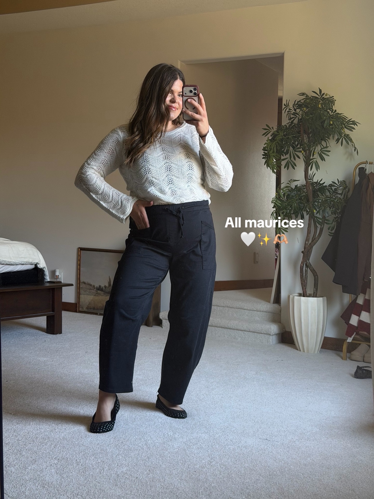 White Openwork Knit Sweater and Black Pants