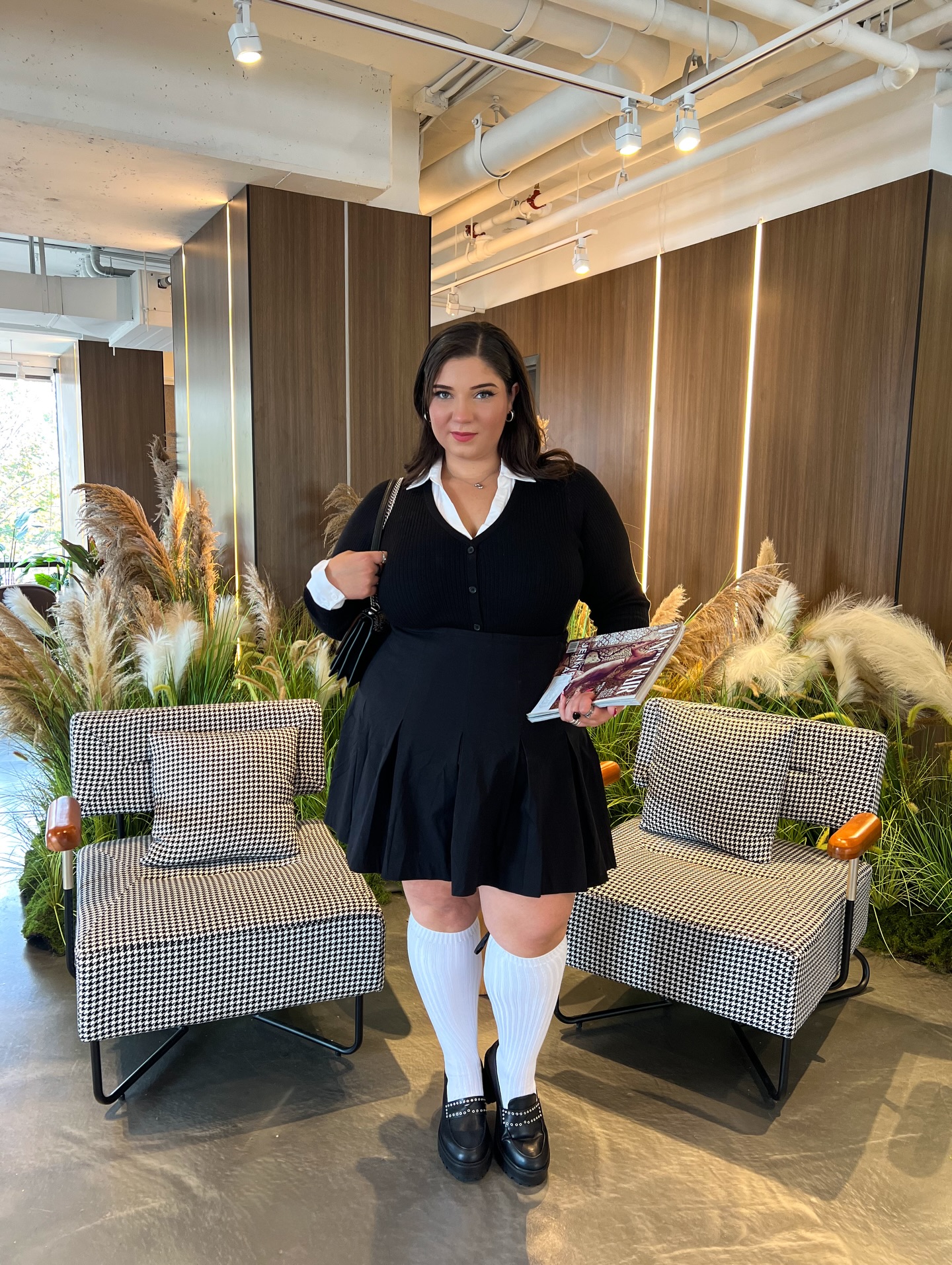 Black Button-Up Cardigan and Pleated Mini Skirt