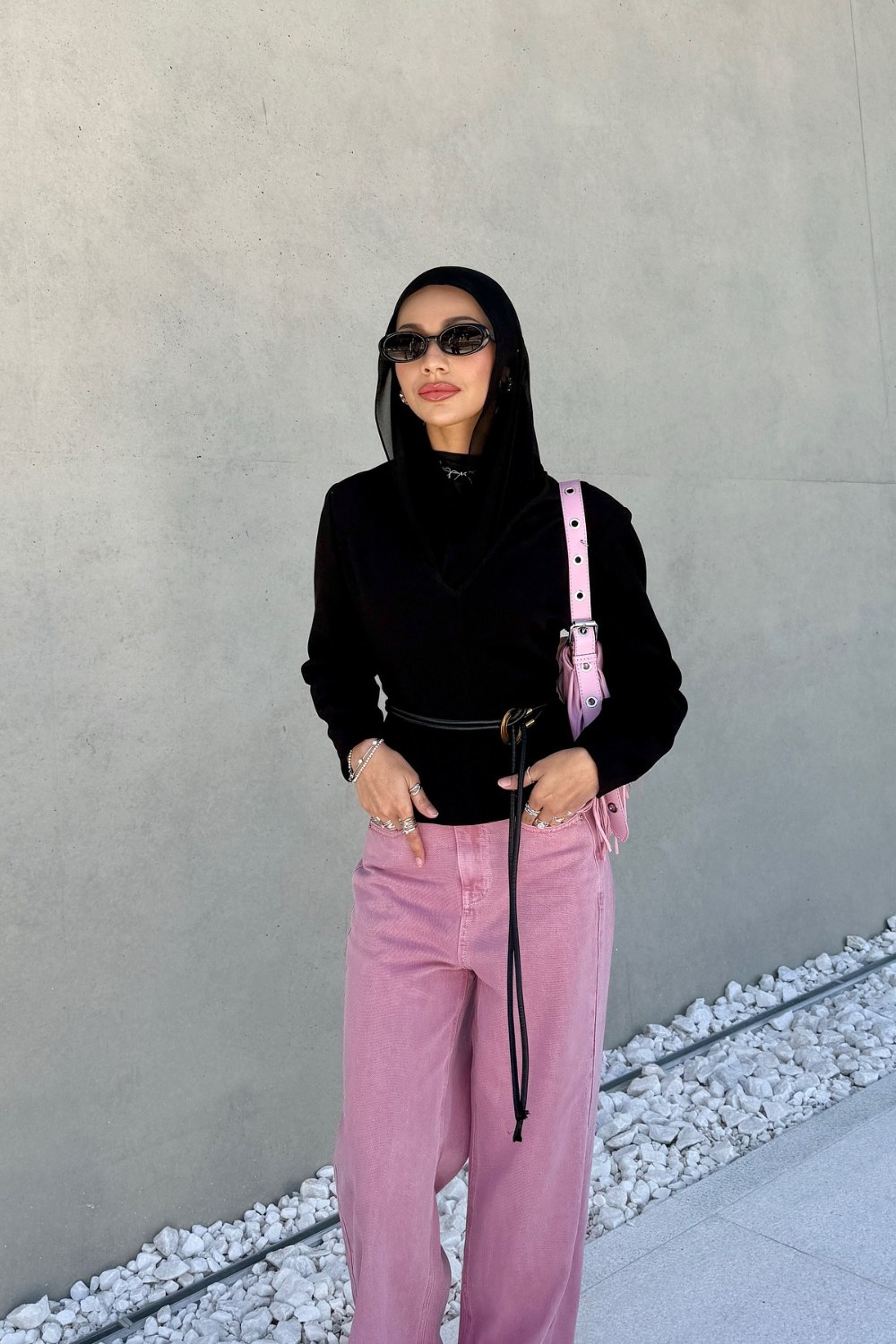 Black Turtleneck and Pink Wide-Leg Jeans