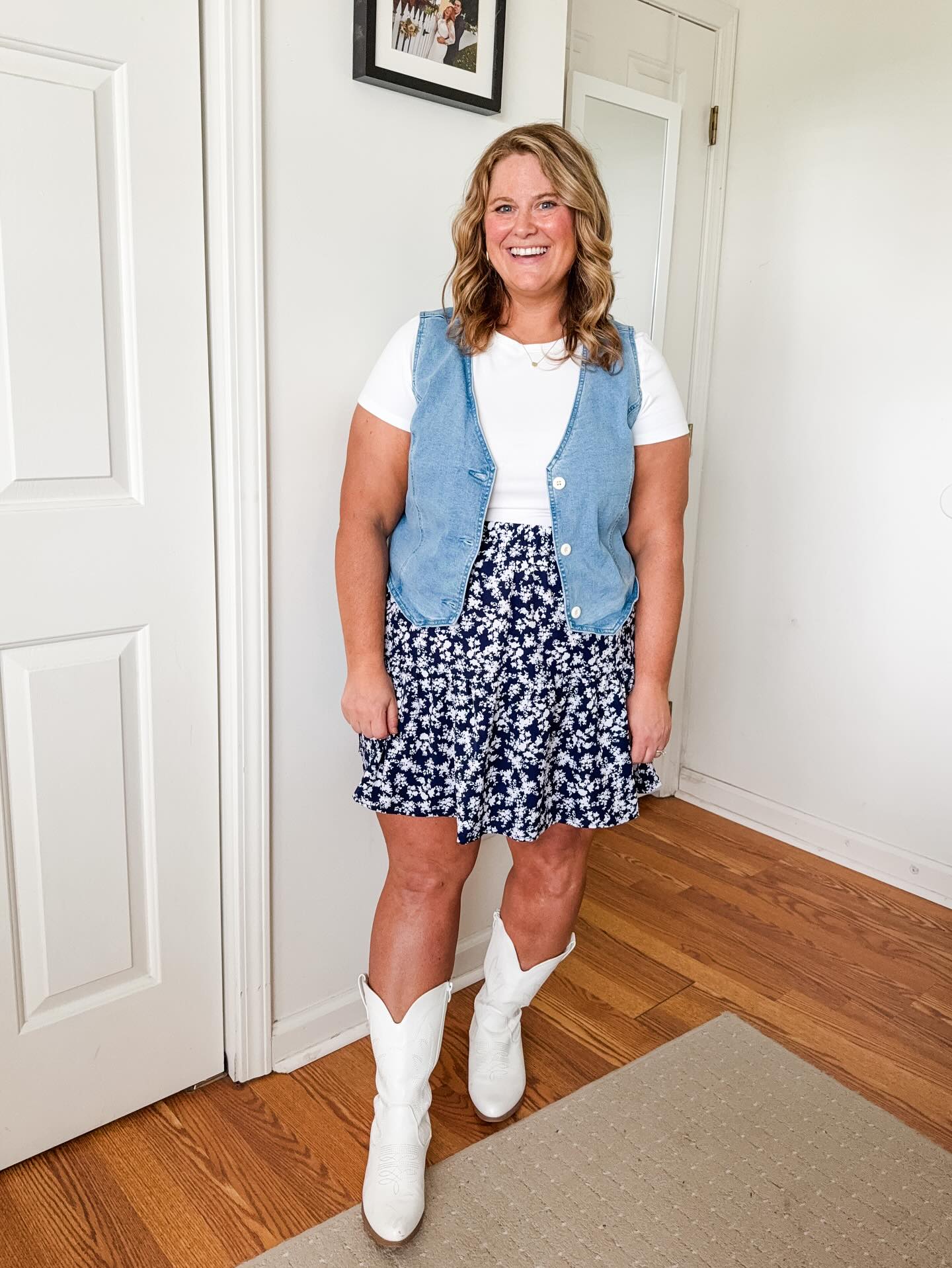White Tee and Dark Floral Skirt with Denim Vest