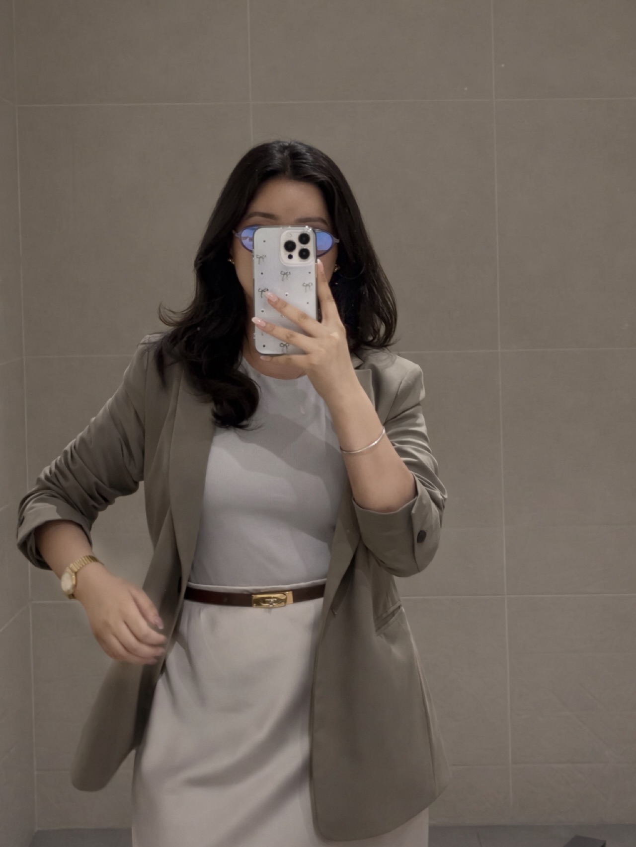Taupe Blazer Over White Midi Dress
