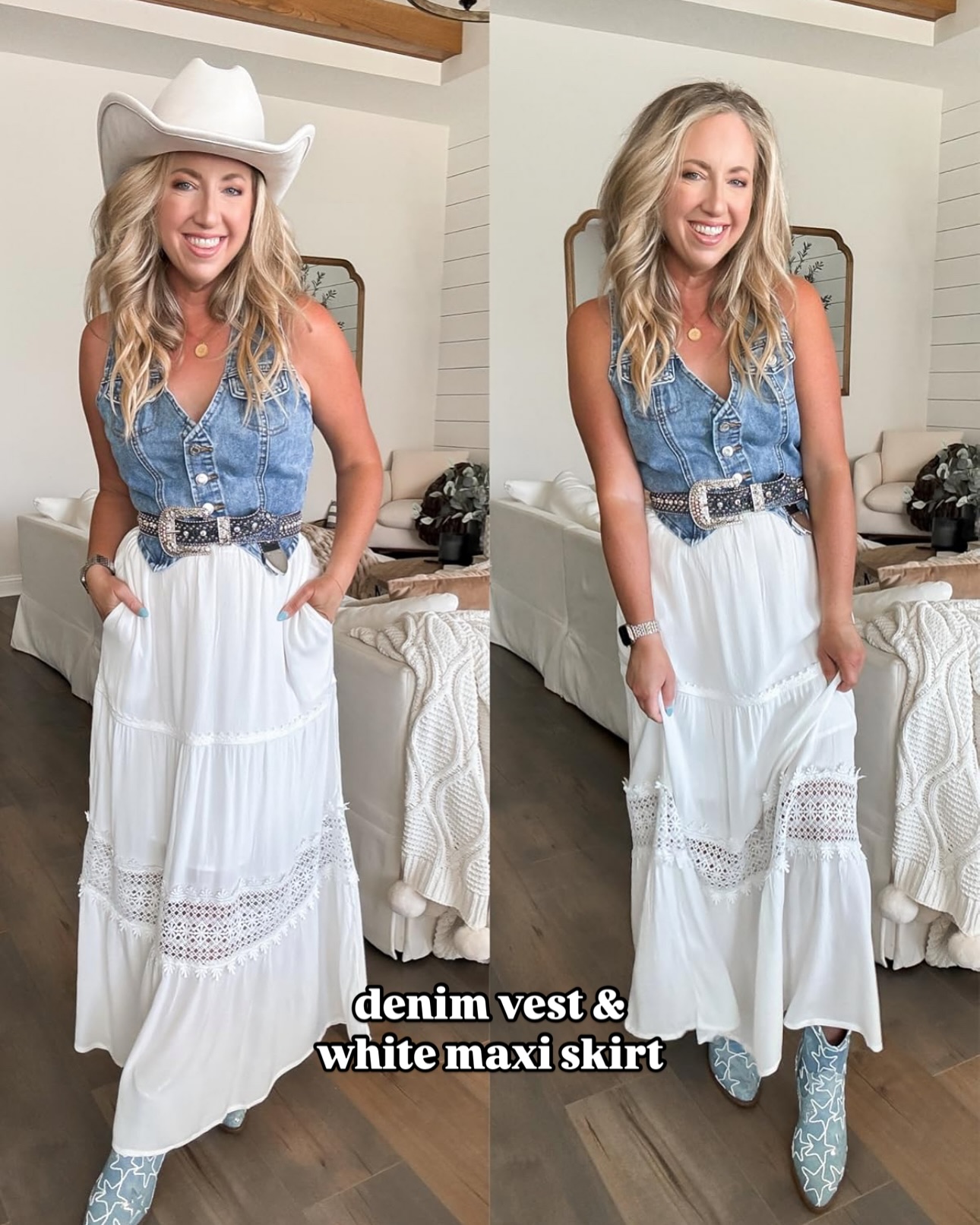 Denim Button-Up Vest and White Maxi
