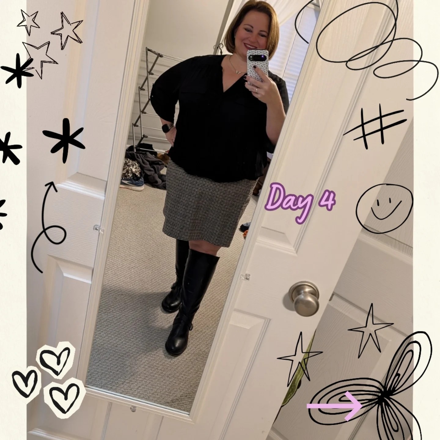 V-Neck Top and Checkered Skirt
