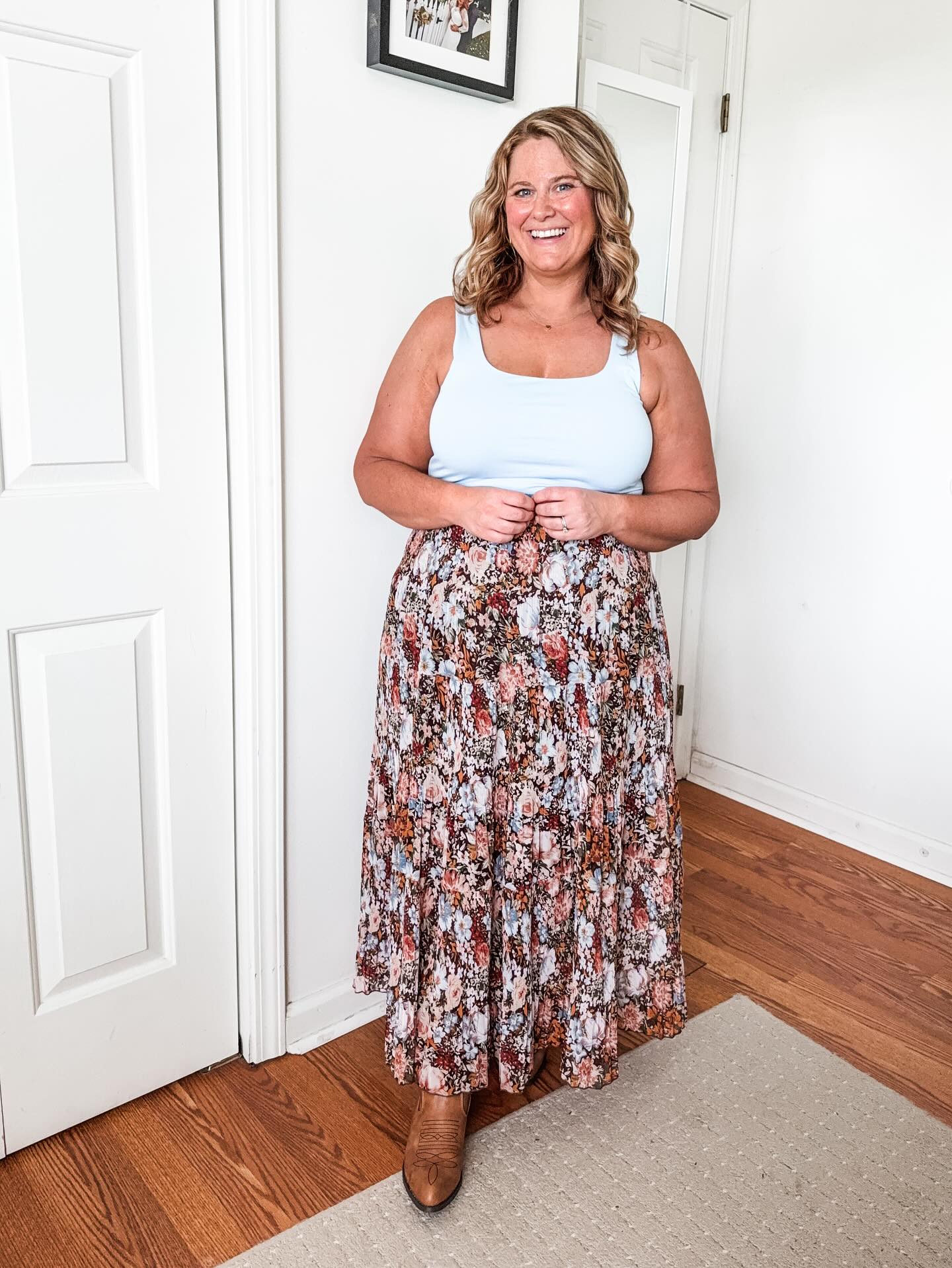 Tank Top and Floral Pleated Maxi Skirt