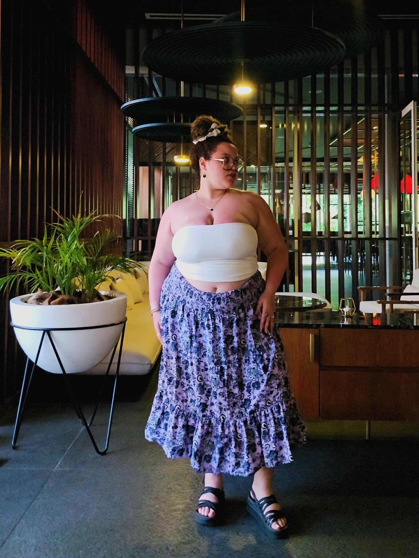 White Cropped Tube Top and Lavender Floral Midi Skirt