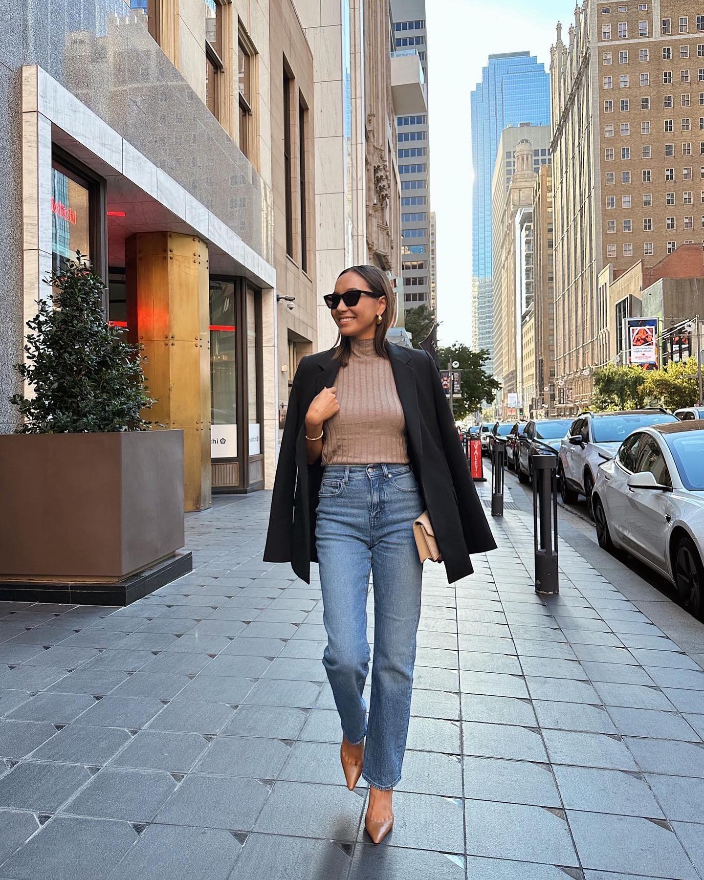 Black Blazer and Light Blue Jeans