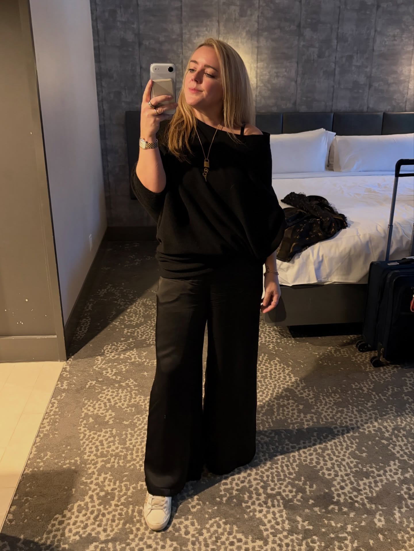 Black Off-Shoulder Top and Wide-Leg Pants