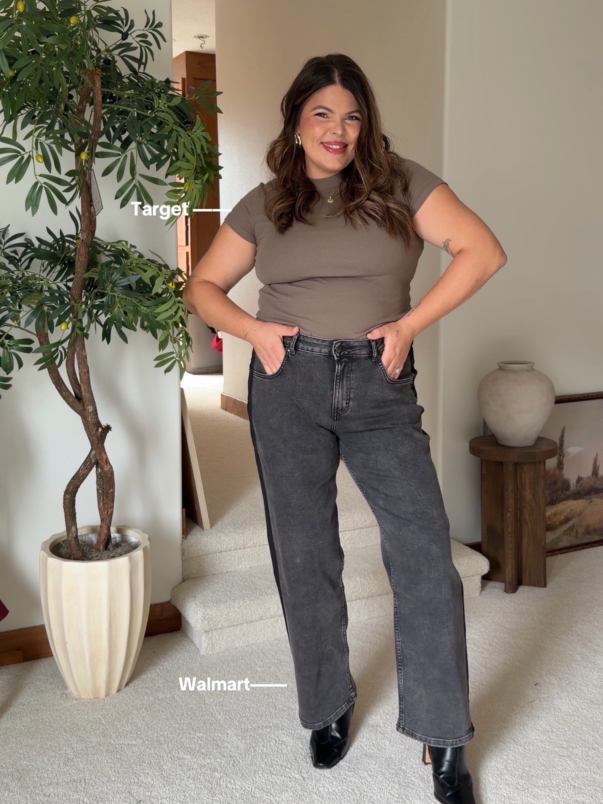 Brown Leather Bomber Jacket and Wide-Leg Jeans