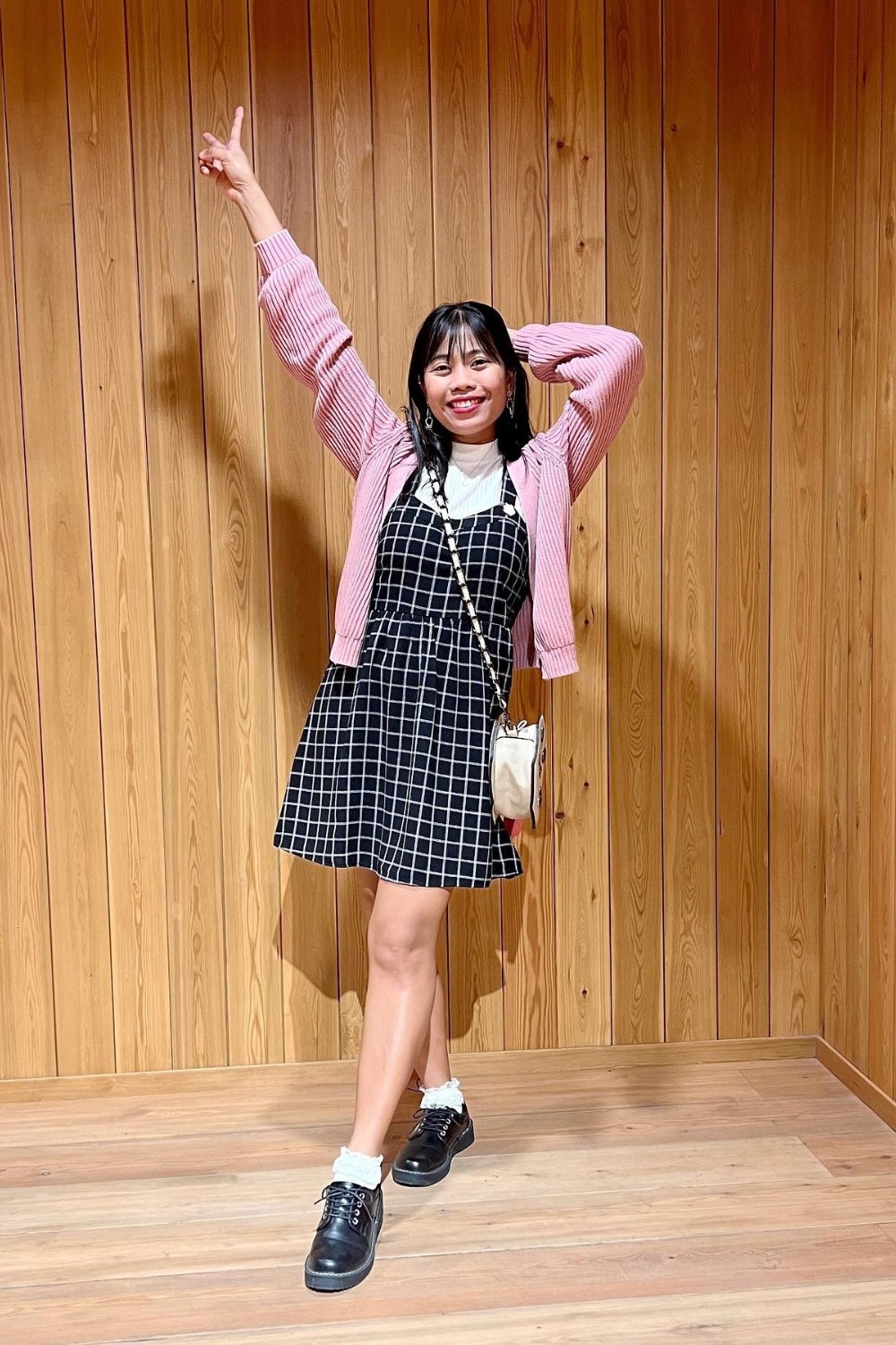 Checkered Dress and Pink Cardigan