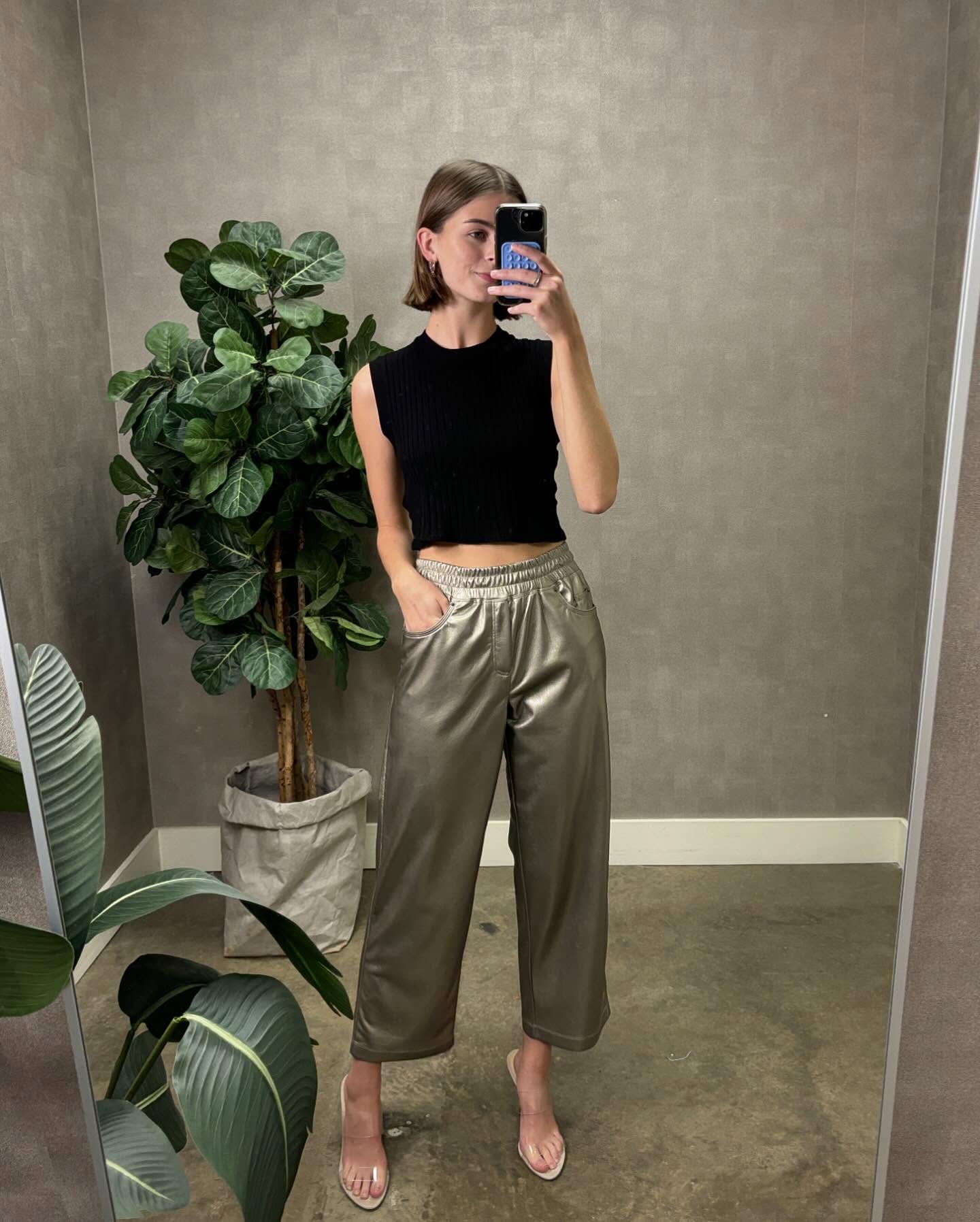 Black Crop Top and Silver Satin Pants