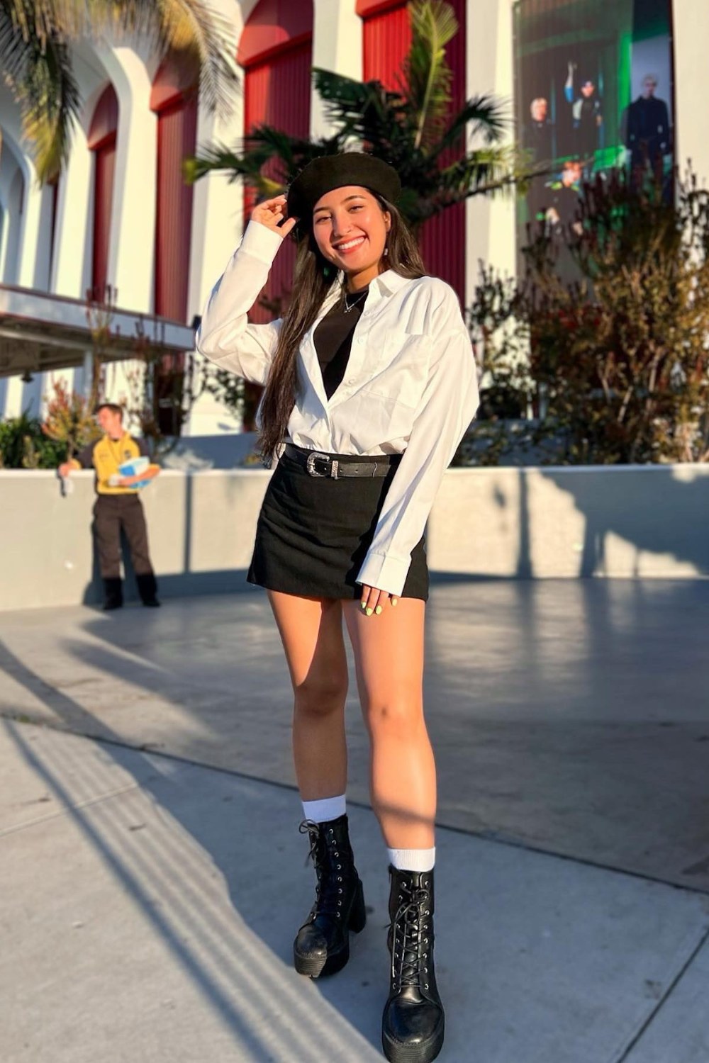 White Button-Up and Black Mini Skirt