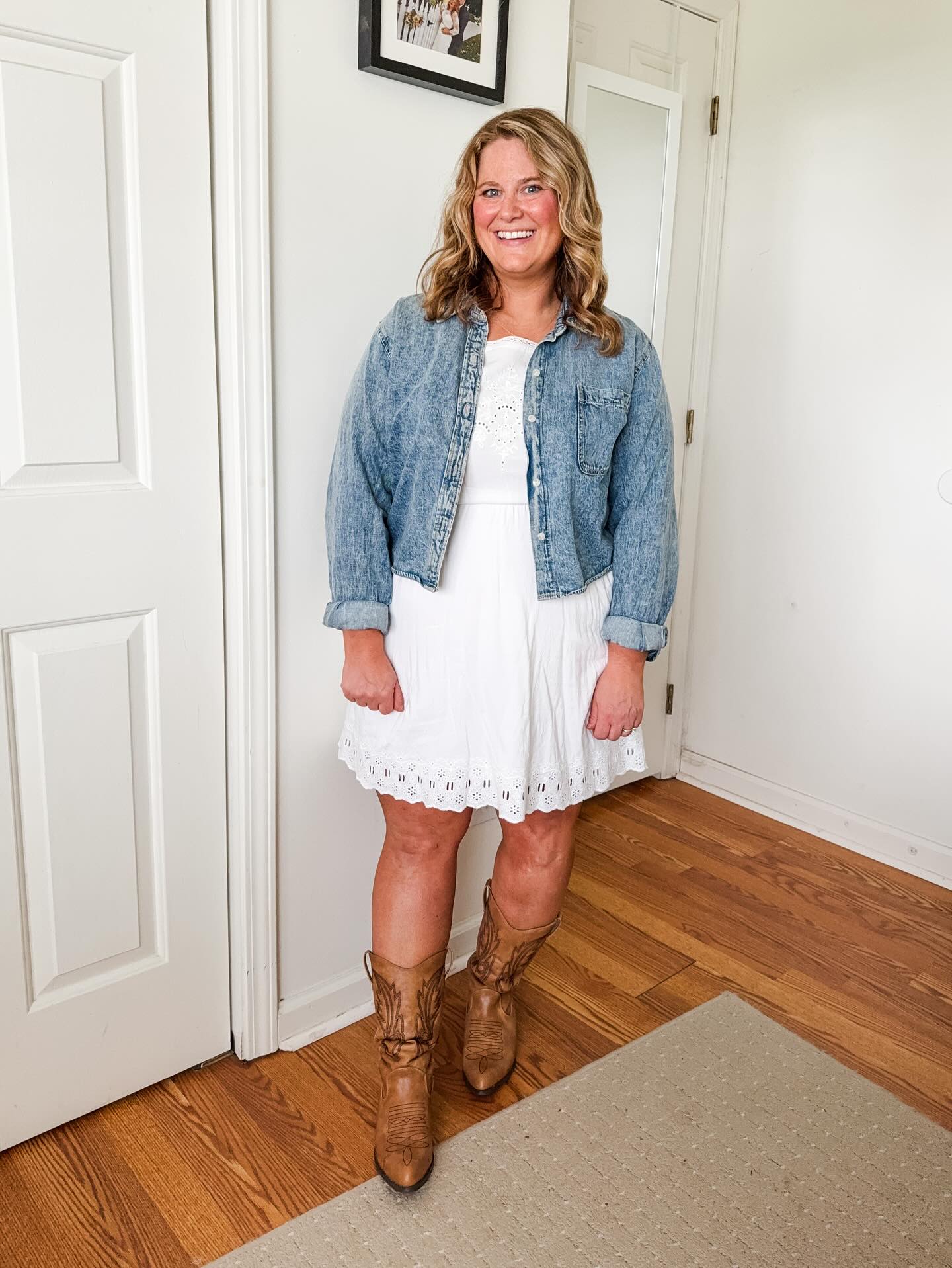 Denim Jacket and Eyelet Mini Dress