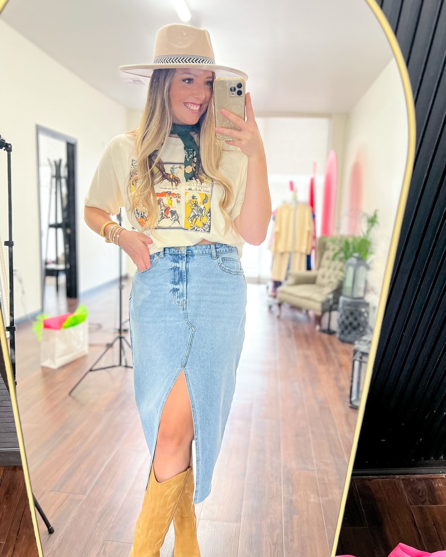 Graphic Tee and Denim Midi Skirt