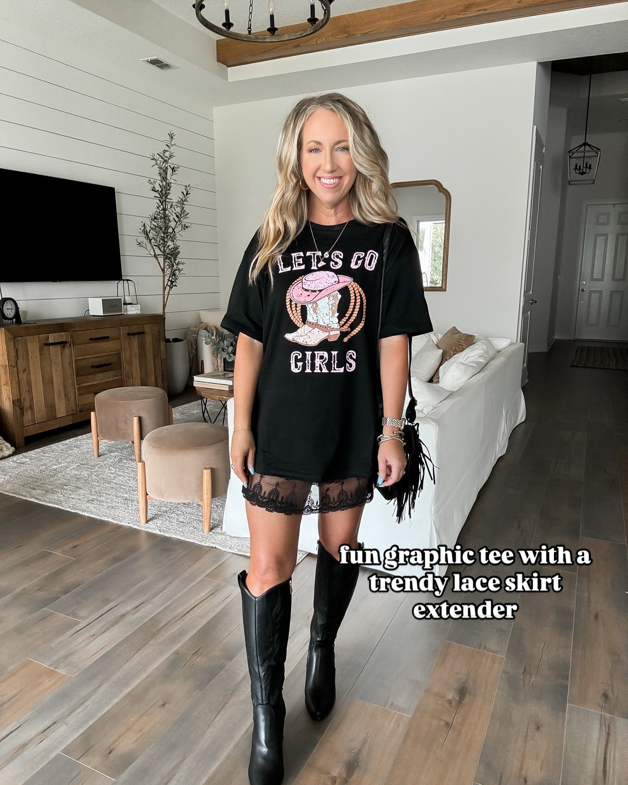 Oversized Graphic Tee and Lace Trim