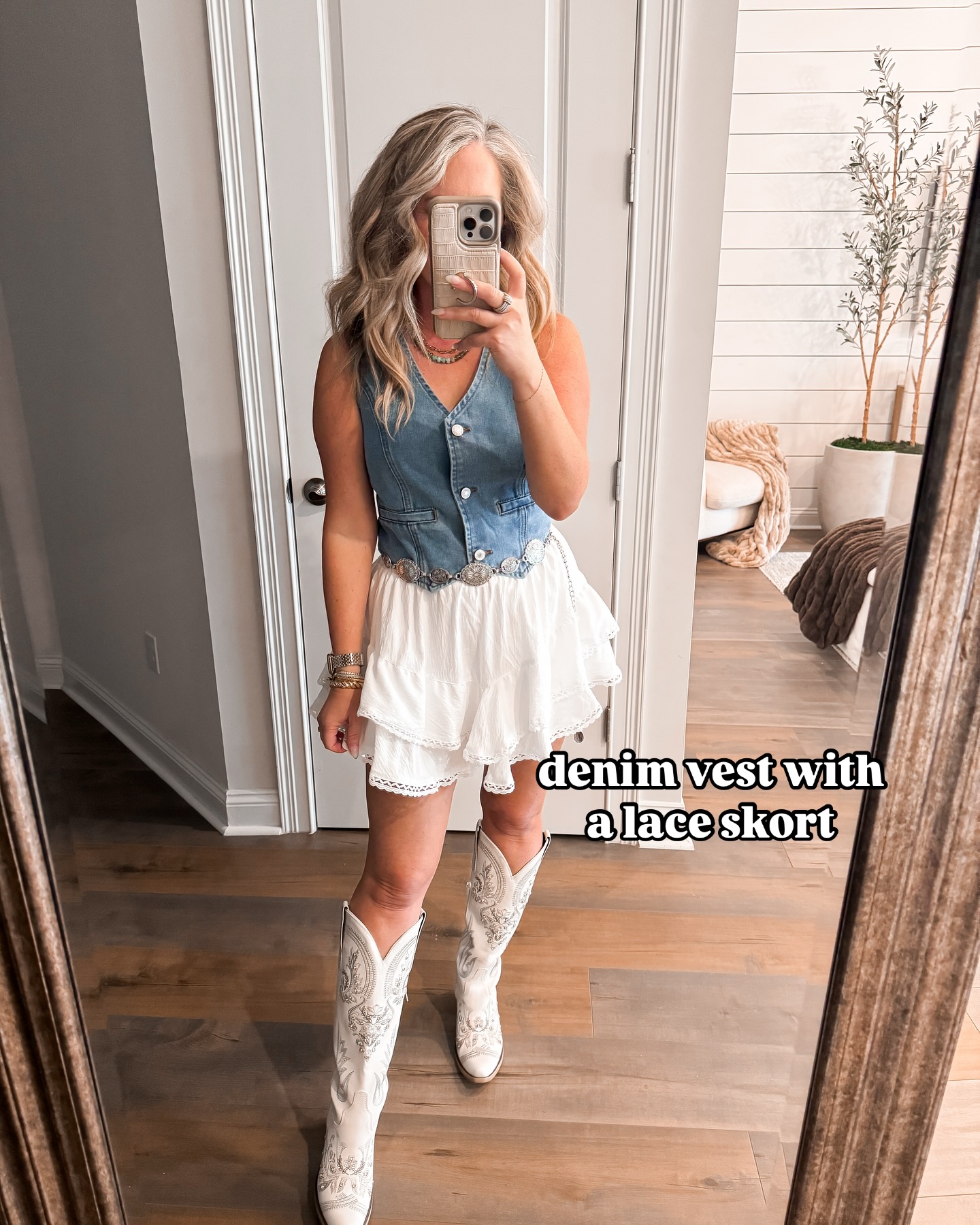 Denim Vest and Tiered Lace Skirt