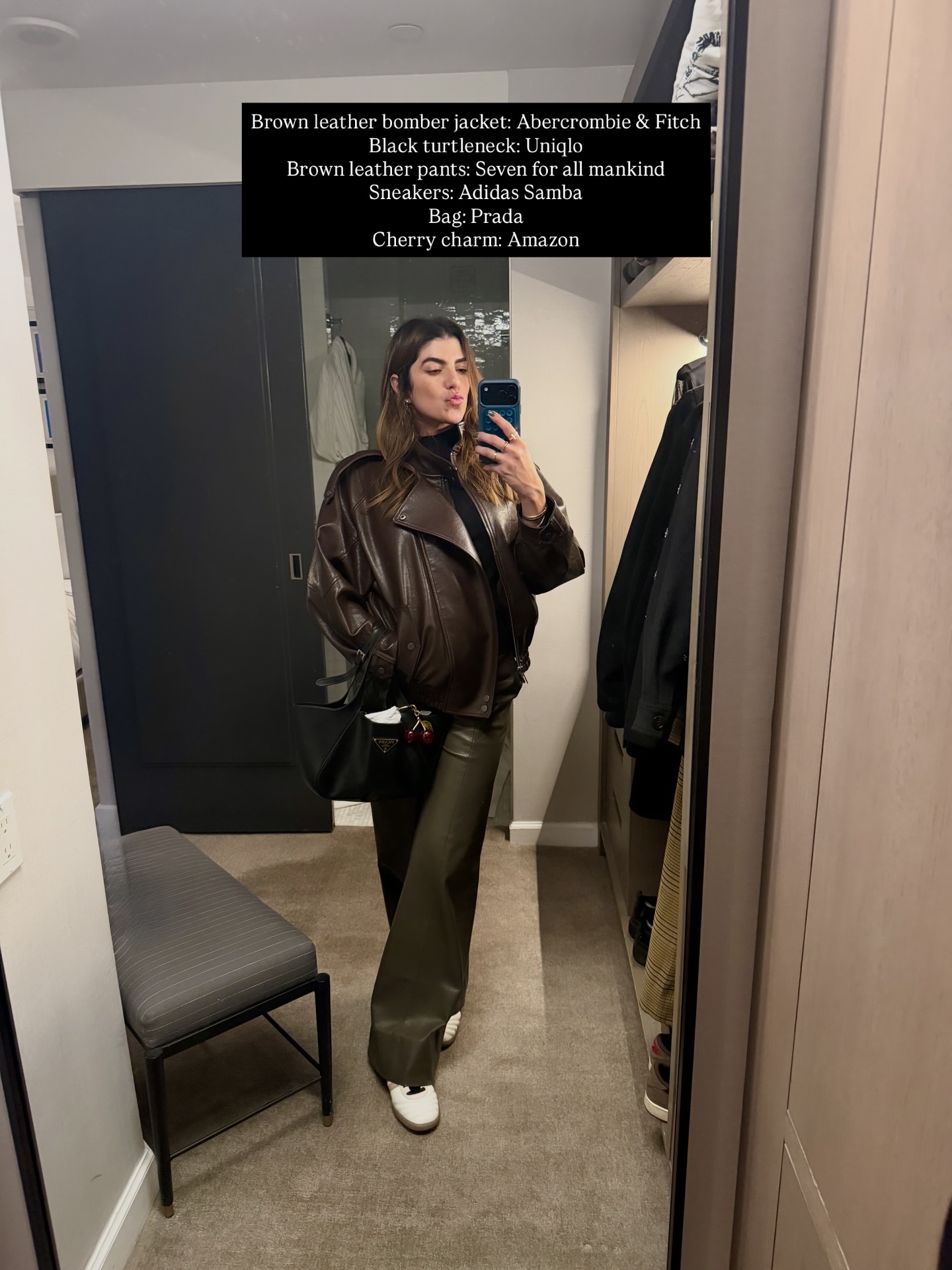 Brown Leather Bomber and Olive Pants