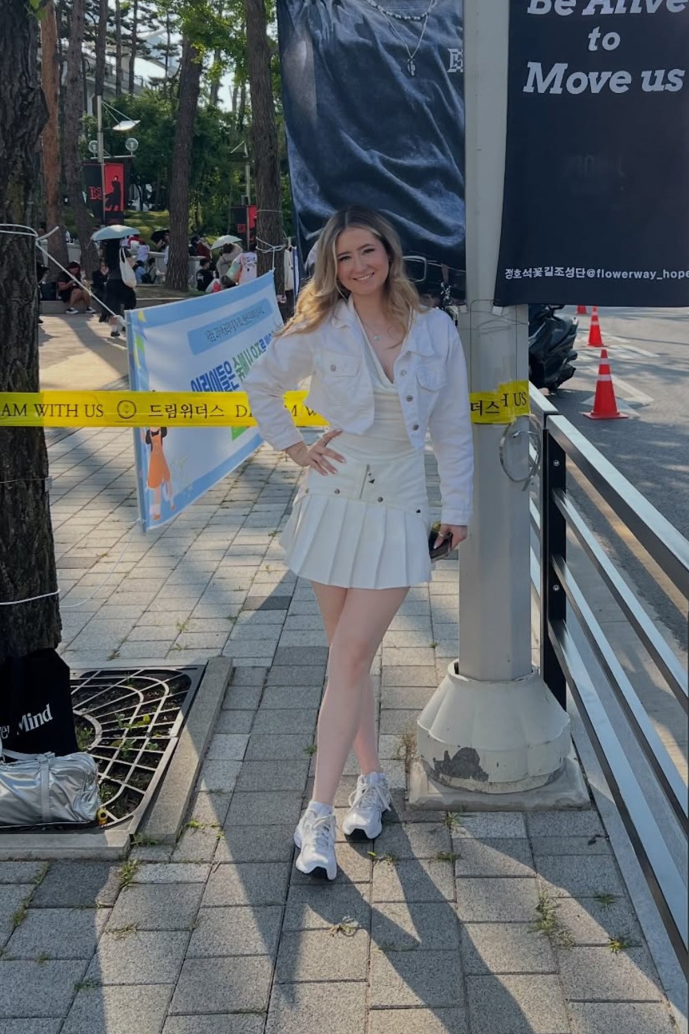 White Denim Jacket and Pleated Skirt