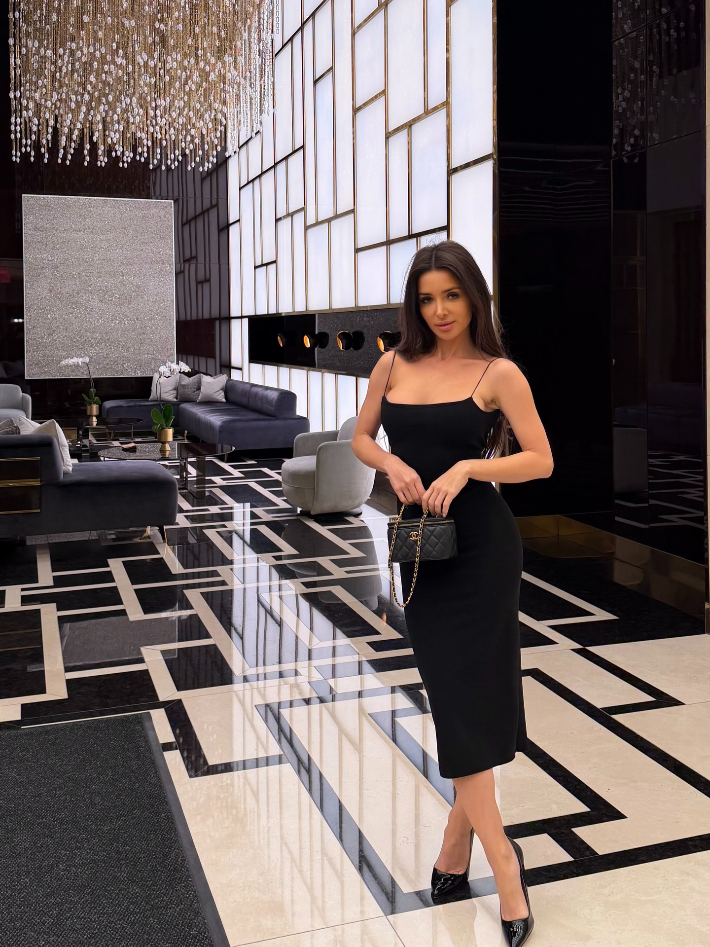 Black Spaghetti Strap Dress and Patent Pumps