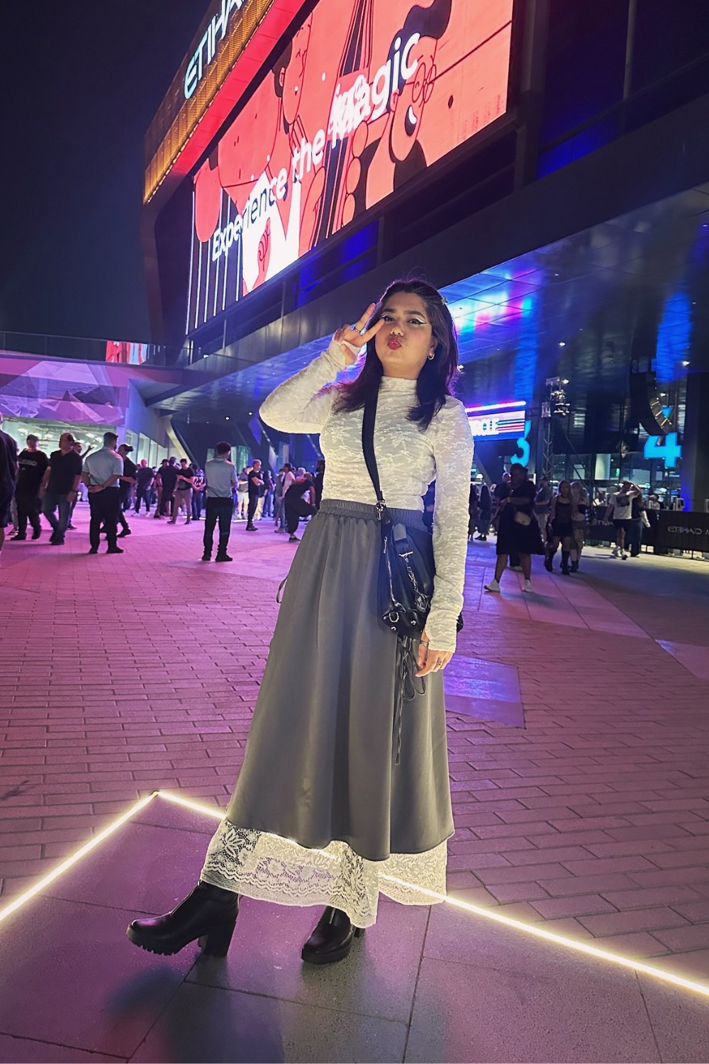White Lace Dress and Gray Skirt