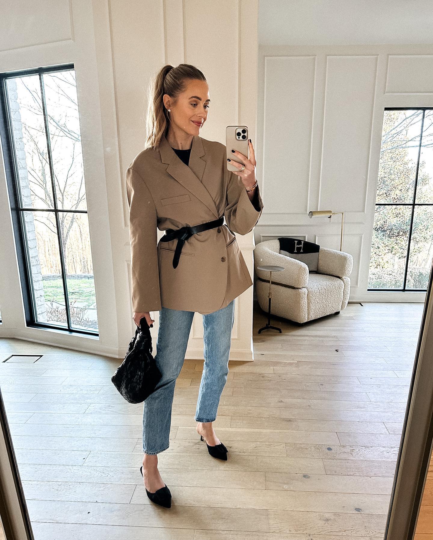 Camel Blazer with Belt and Mules