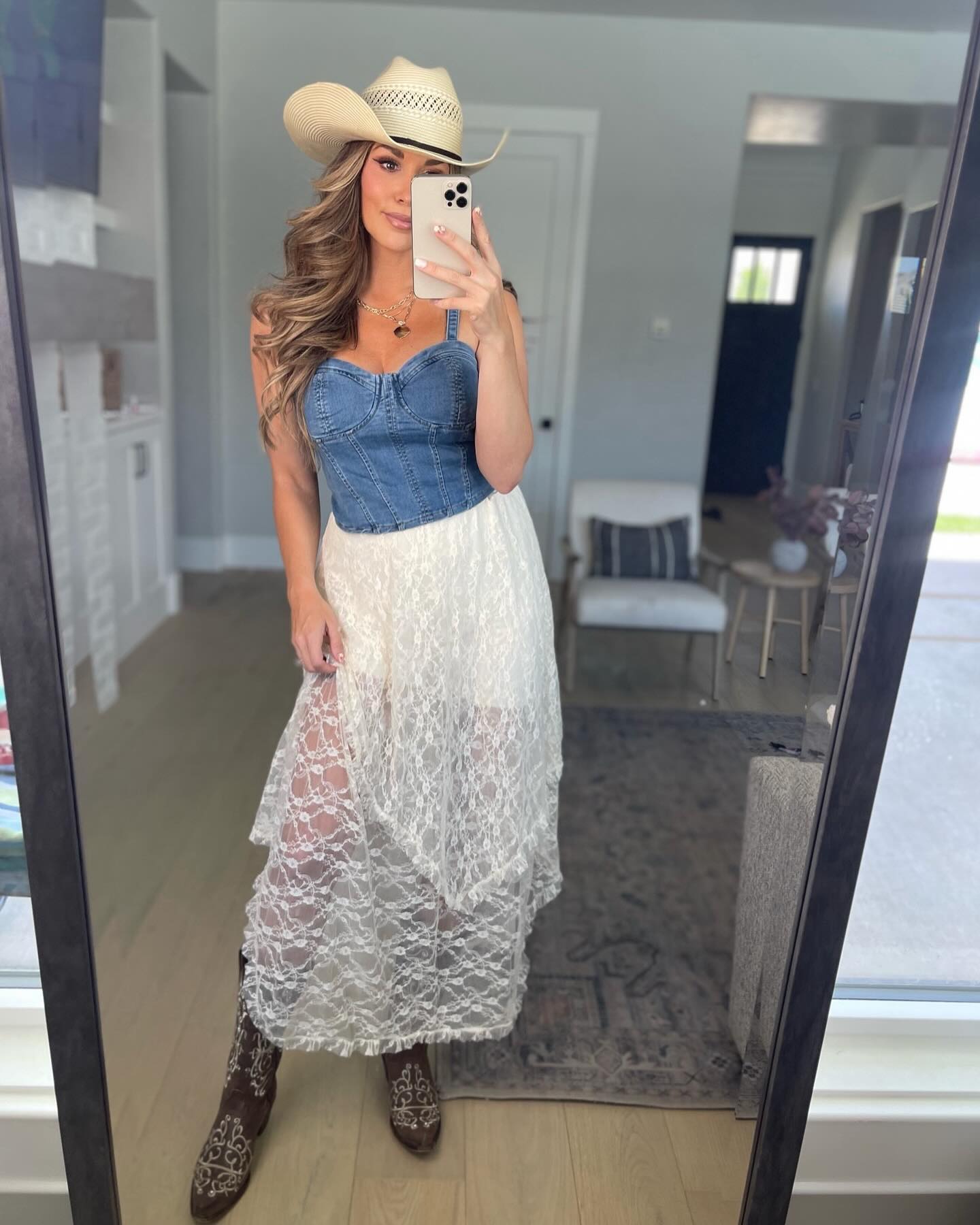 Denim Bustier and White Lace Skirt