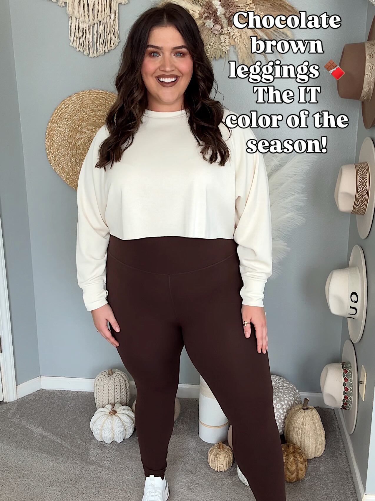 White Sweatshirt and Chocolate Brown Leggings