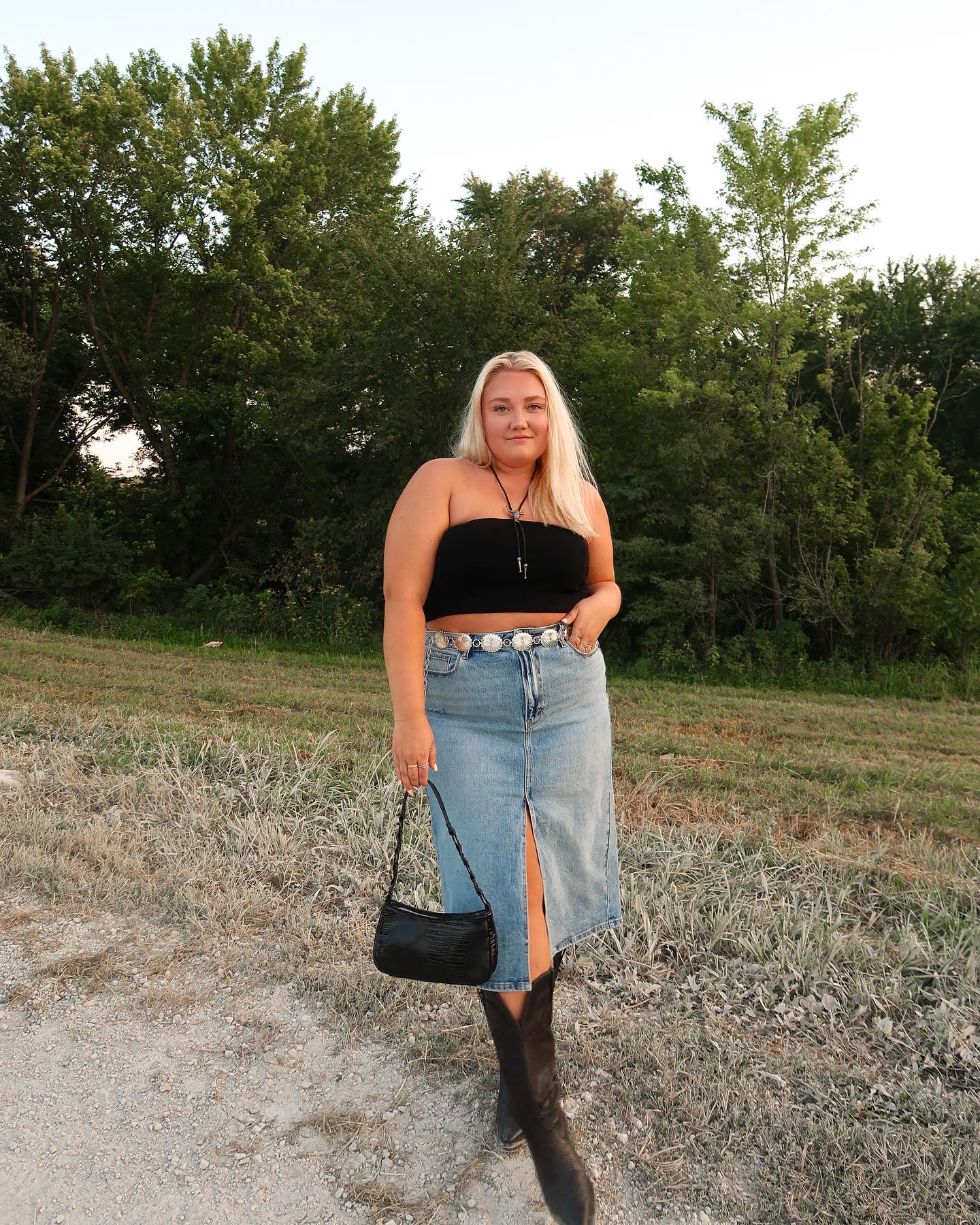 Black Tube Top and Denim Midi Skirt
