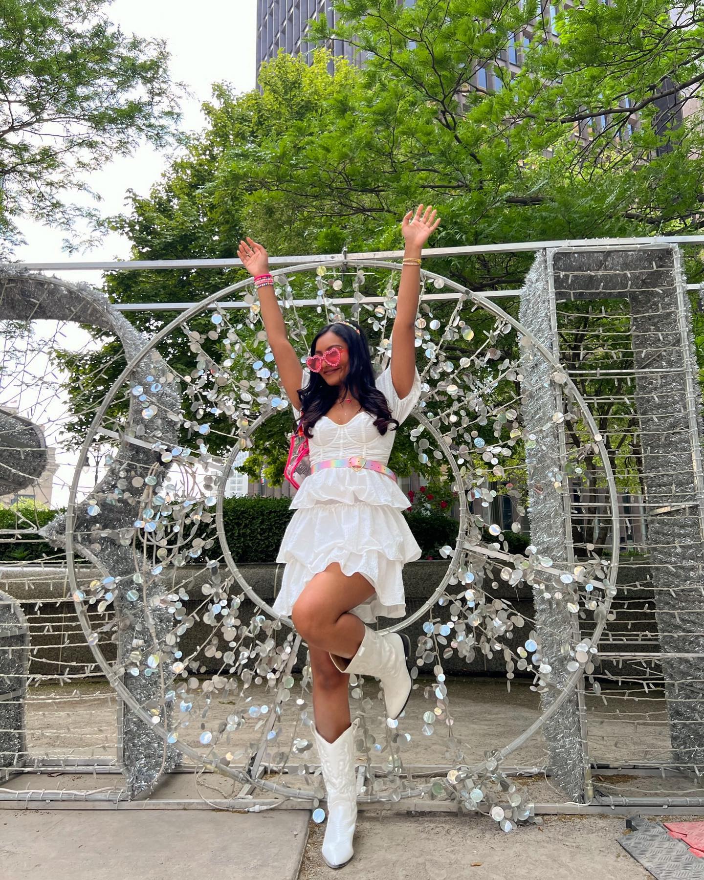 White Tiered Mini Dress and Cowboy Boots