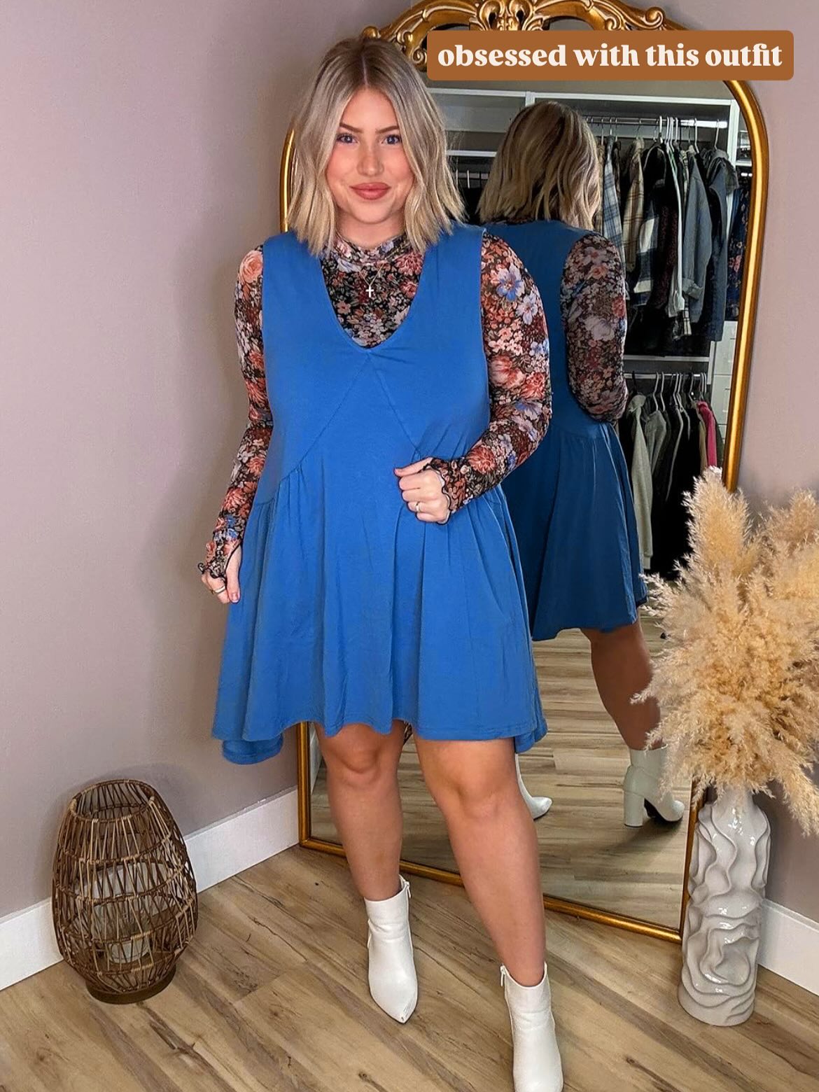 Pinafore Dress and Floral Mesh Top
