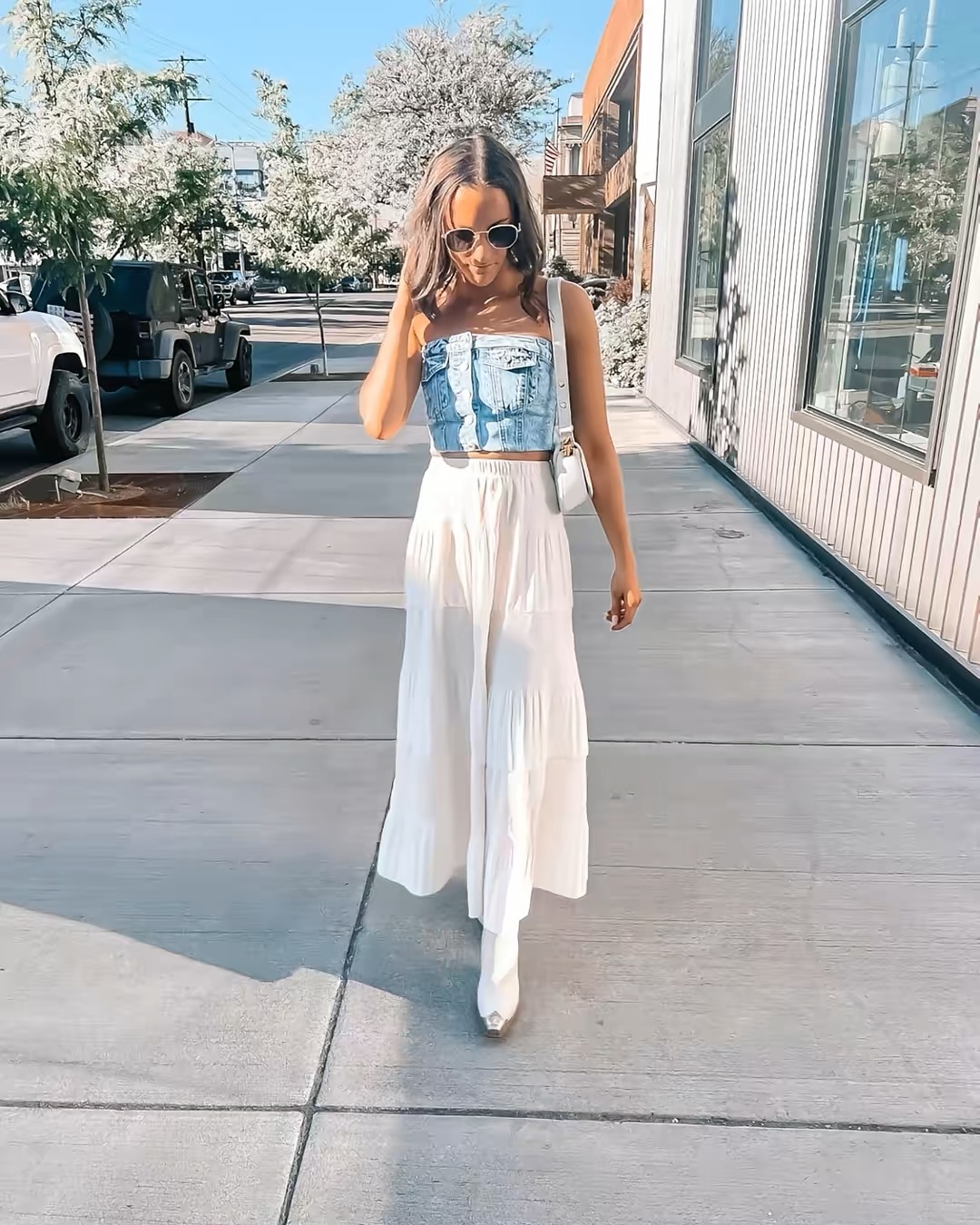 Light Denim Crop Top and White Skirt