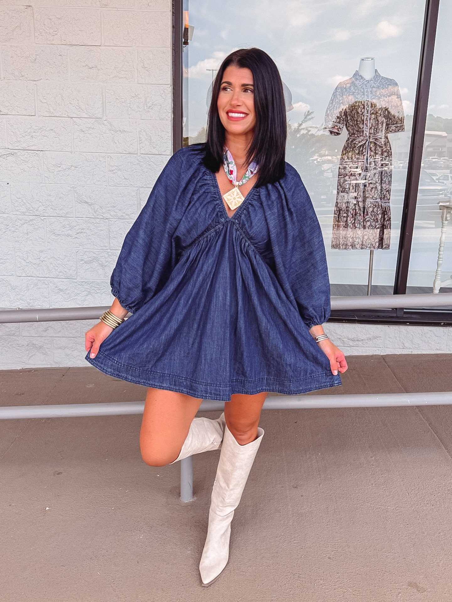 Chambray Babydoll Dress and Knee-High Boots