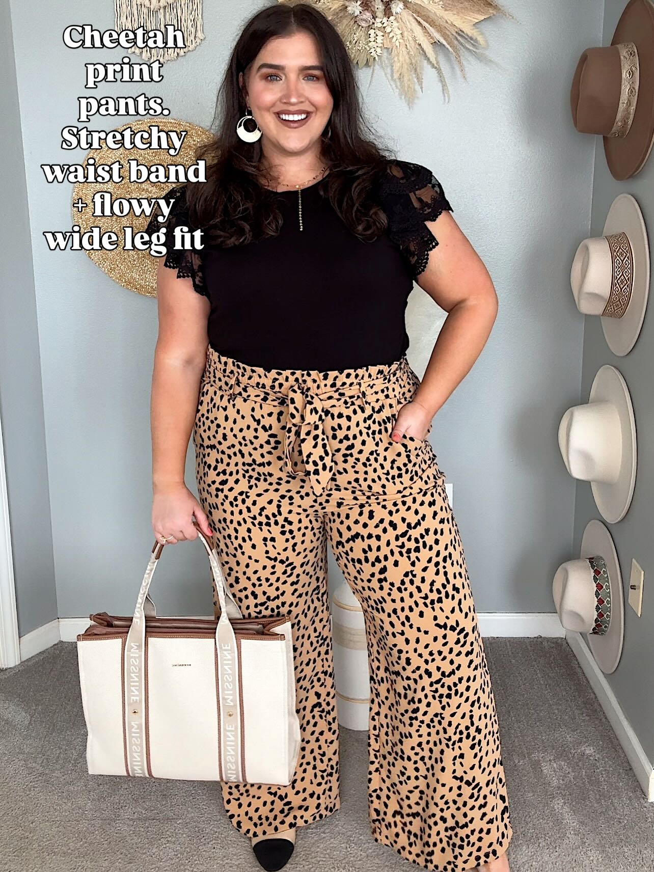 Black Lace-Sleeve Top and Cheetah Print Pants