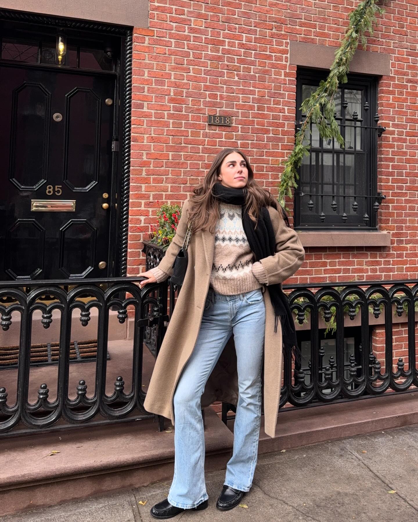 Beige Long Coat and Fair Isle Sweater