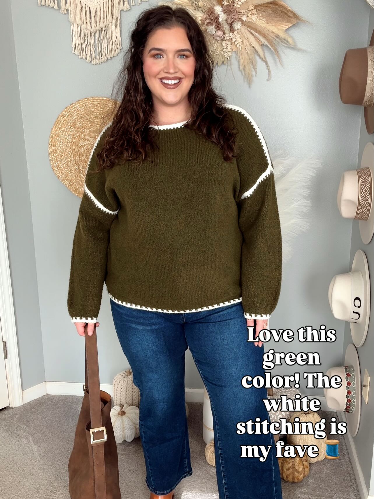 Olive Green Knit Sweater and Blue Jeans