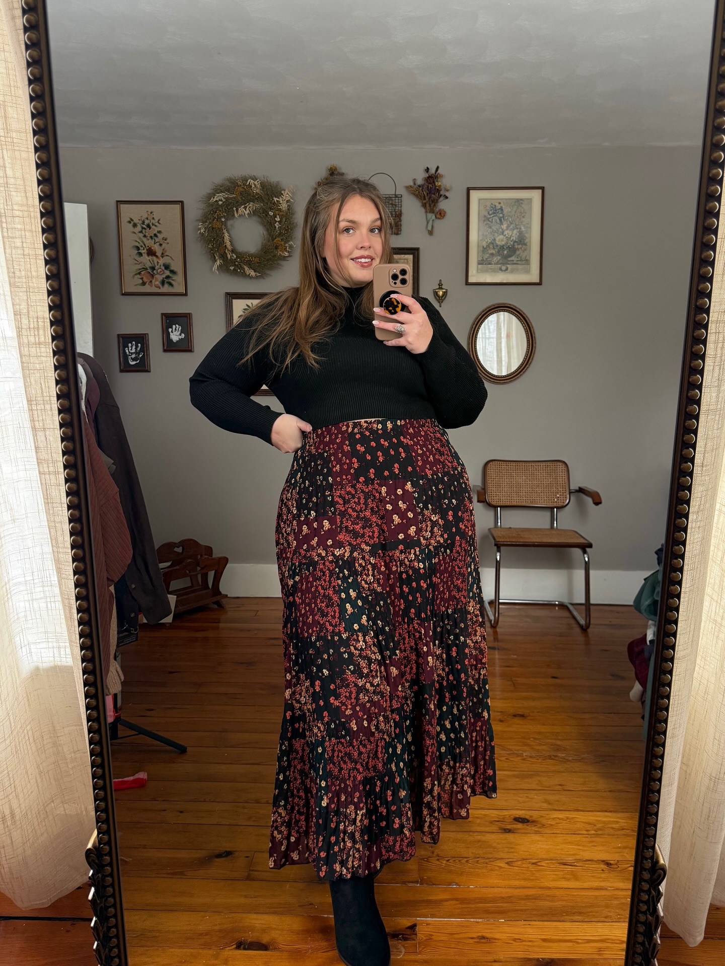 Ribbed Sweater and Floral Patchwork Maxi Skirt