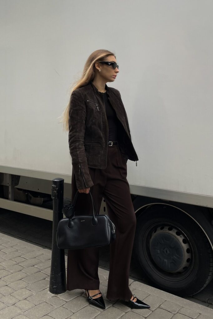 Brown Suede Zip Jacket and Slingbacks