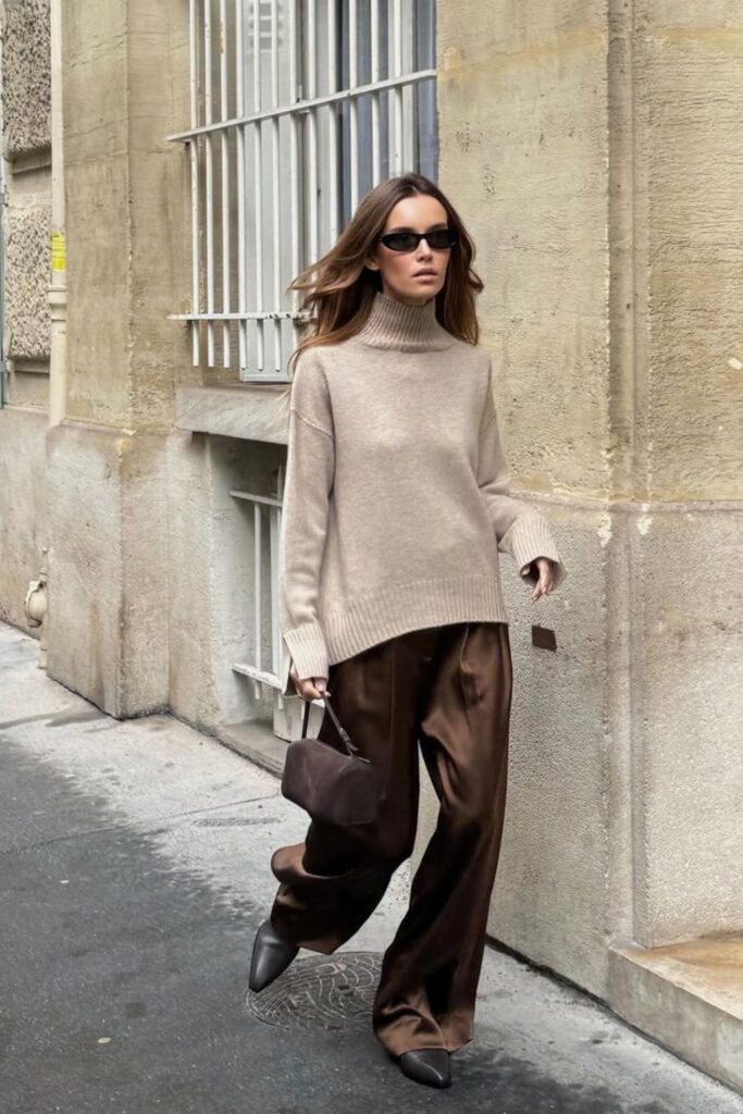 Beige Turtleneck and Silk Pants