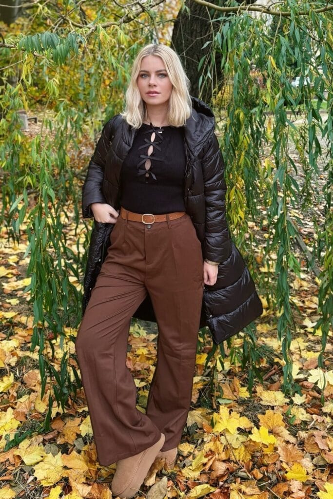 Black Ribbed Top and Puffer Coat