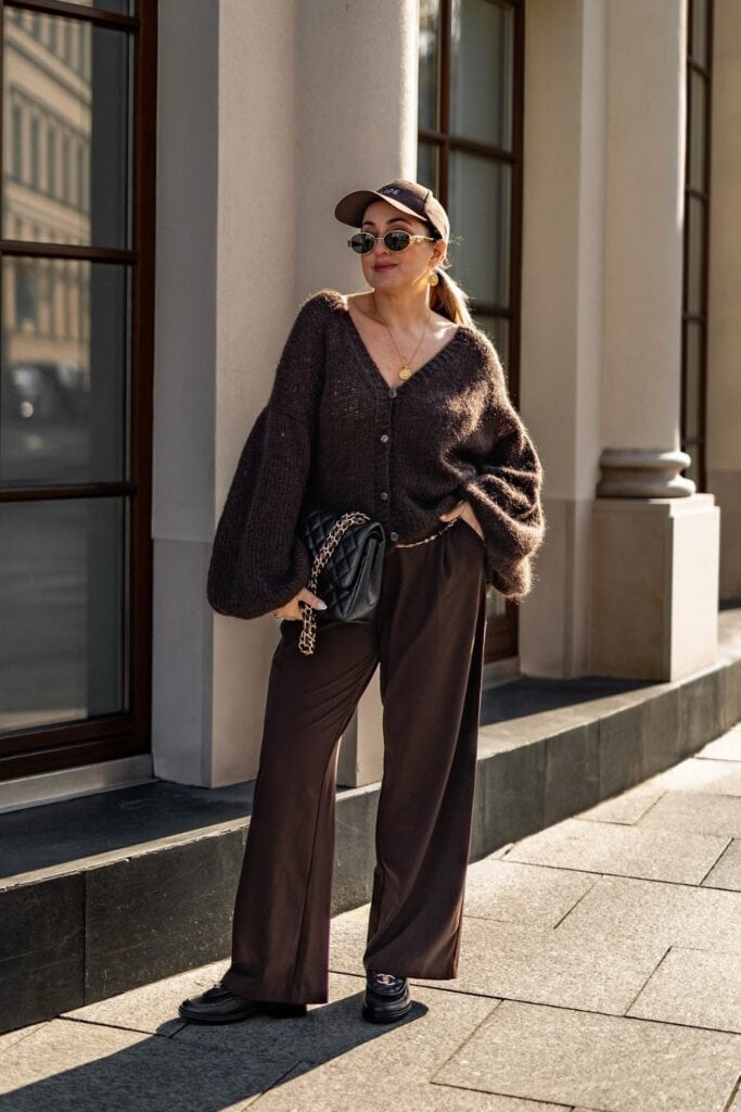 Brown Oversized Cardigan and Loafers
