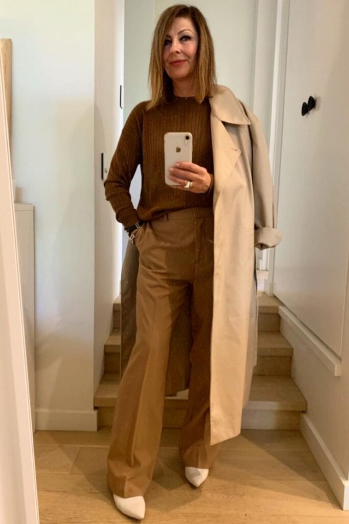 Brown Ribbed Sweater and Trench
