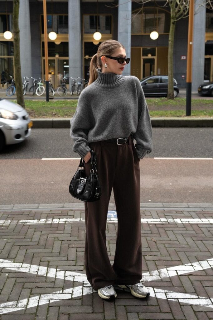 Gray Turtleneck Sweater and Black Belt