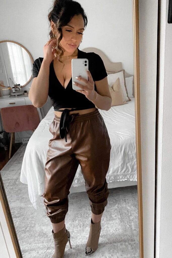Black Wrap Top and Leather Pants
