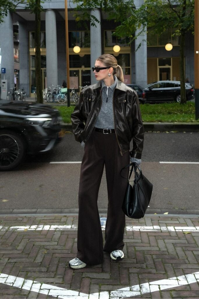 Brown Leather Jacket and Gray Knit