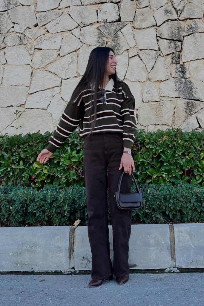 Striped Polo and Brown Pants
