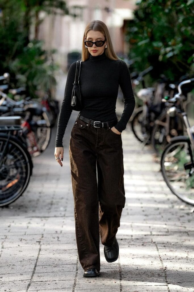 Black Fitted Turtleneck and Brown Jeans