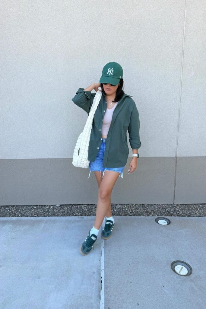 Button-Up Shirt and Distressed Denim Shorts