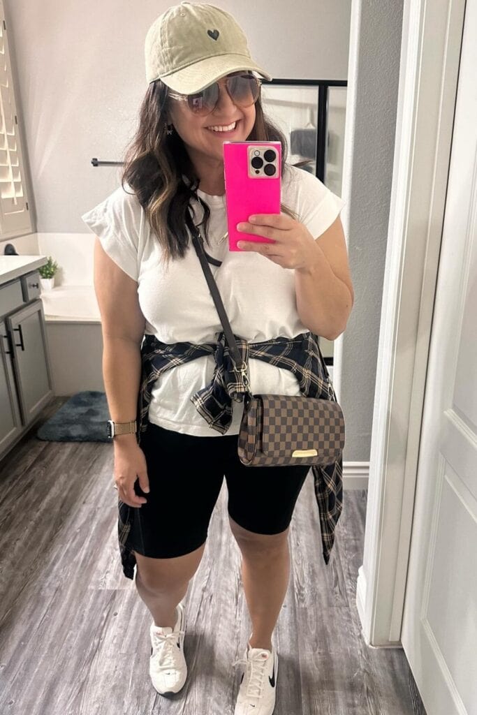 Basic T-Shirt with Plaid Shirt Tied at Waist