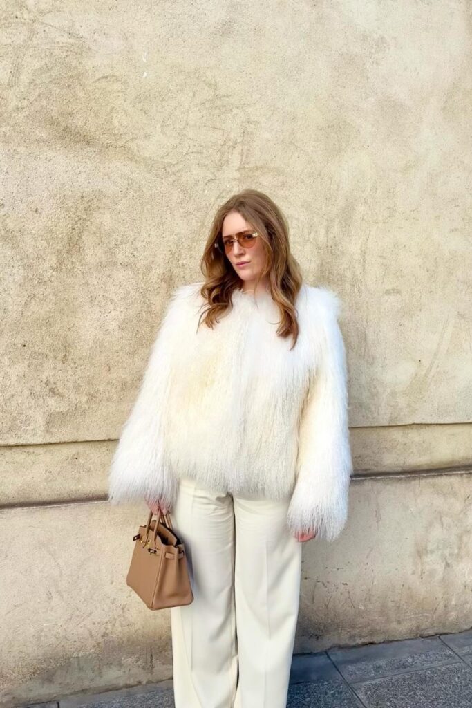 Faux Fur Jacket and Wide-Leg Trousers